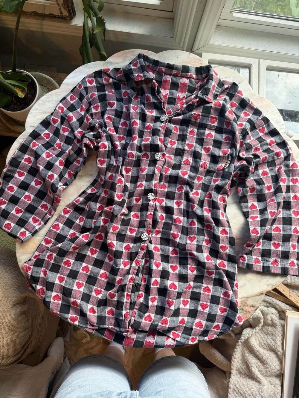 Joe Boxer Girlfriend Flannel Sleep Shirt Buffalo Plaid Red Heart Print